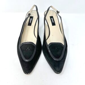Vintage DKNY Pointed Toe Sling Back Kitten Heels Suede & Leather Black Size 7